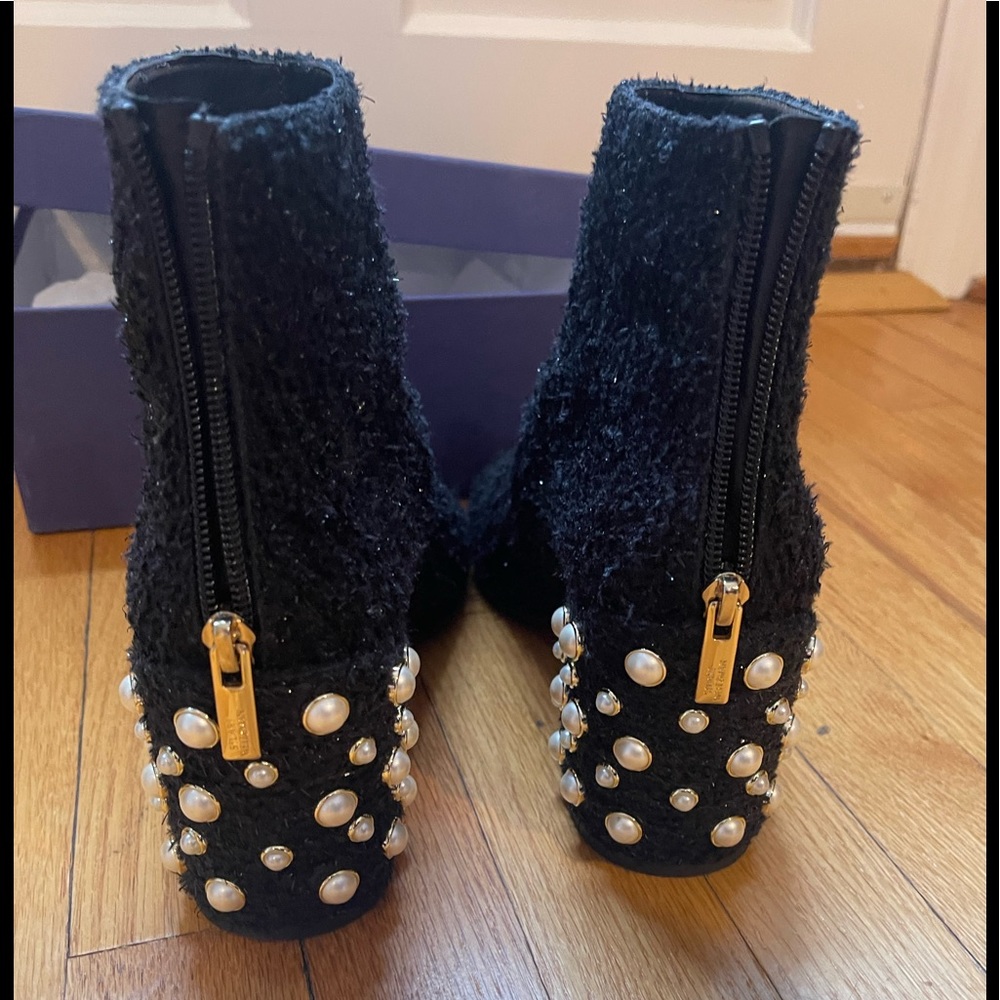 Stuart Weitzman Black Heeled Boots with Pearl Accents